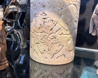 Soapstone Candle Holder With Etched Elephants