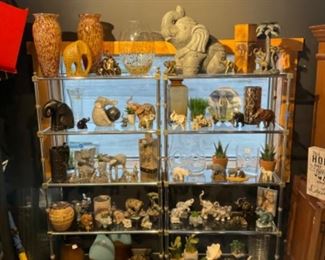A Beautiful Collection of Elephants: Wood Carved, Pottery, Ceramic, Resin, Brass and Candle Holders and Vases 