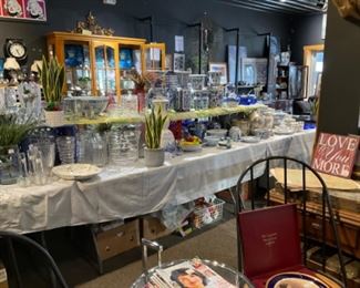 Blue and White Pottery and Clear Glass Vases and other Decor Items 