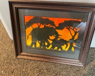 Silk Screen On Fabric Elephant Sunset Framed Artwork
