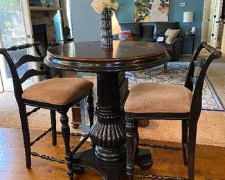 High top round pub table and pair of matching chairs 