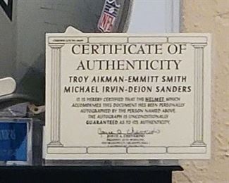 Certificate to Autographed Dallas Cowboys' Helmet 