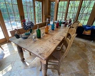Amazing farm table with one bench and 5 chairs made out of Siberian wood that is over 200 years old!