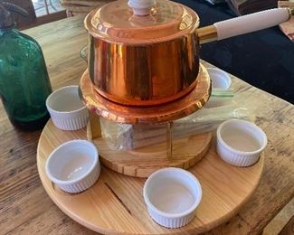 Copper fondue pot with lazy susan and ramekins