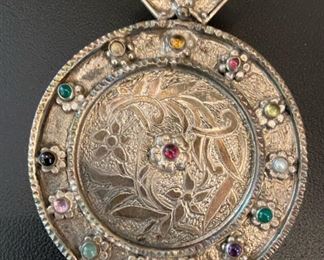 Large fancy vintage sterling pendant with inlaid semiprecious stones