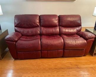 25_____ NOW $200 was $395
Leather sofa deep red / burgundy 2 manual recliners • 40Tx 88Wx 22D 