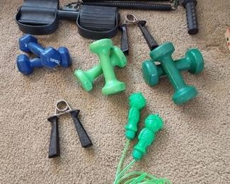 Hand weights and fitness items including a green giant vtg jump rope