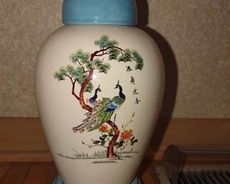 Ceramic Japanese style hand painted peacock design lidded urn