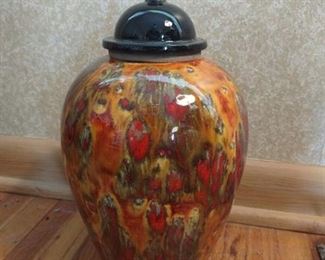 Ceramic orange multi colored lidded urn