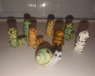 Miniature caterpillar and 1 snail ceramic figurines