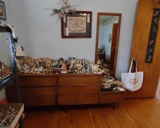 Two 3 Drawer Walnut Mid Century Modern Dixie Dresser. One with Side Table and Mirror