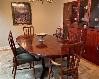 Rosewood Dining room table, China cabinet and hanfd knotted Tibetan rug