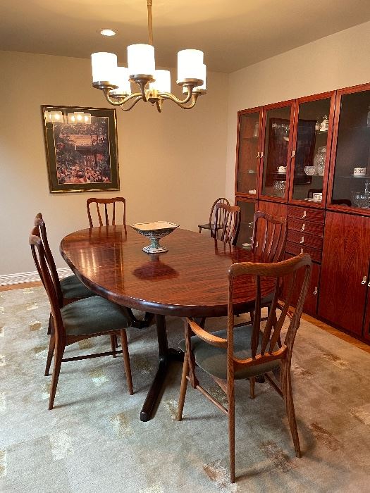 Rosewood Dining room table, China cabinet and hanfd knotted Tibetan rug