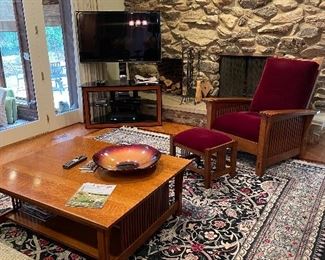Stickley coffee table, Stickey chair and foot rest