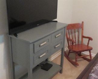 1 of several smart TVs, accent table, vintage child's rocker