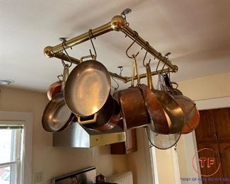 Brass Pot Hanger with Vintage Copper Cookware