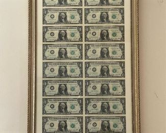 Framed Uncut Sheet of $1 Bills