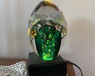 Signed Glass Art on Lighted Display