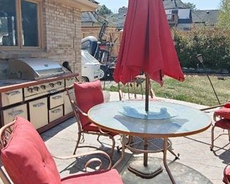 Martha Stewart table, chairs, umbrellas (BBQ NOT FOR SALE)
