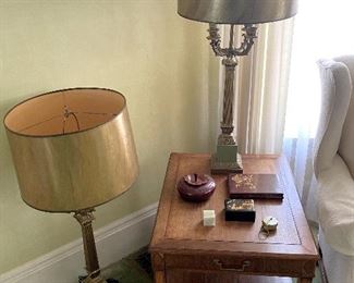 Pair of brass candlestick lamps. Very nice end table.