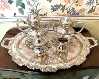 Ornate Towle Silver Plate Coffee and Tea set with tray. Very heavy!