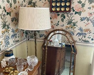 One of two vintage floor lamps & very nice wall mirror
