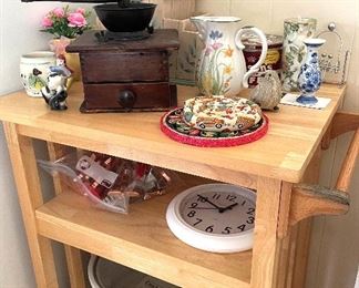 Kitchen cart. Antique coffee grinder.