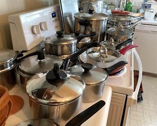 Vintage pots and pans, one egg poacher.