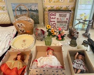 Storybook dolls, vintage baby food bowl.