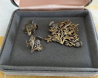 Sterling Scottish thistle brooch and earrings set