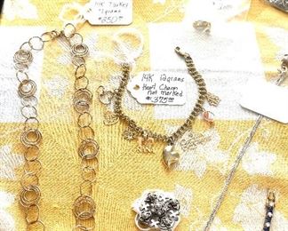 14K necklace and charm bracelet. Jerusalem silver cross pendant/pin