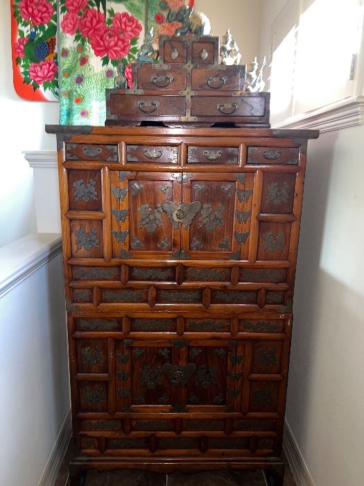 Antique Korean Elm Brass Bound Banaji Nong Tansu Scholars Chest Wedding Cabinet