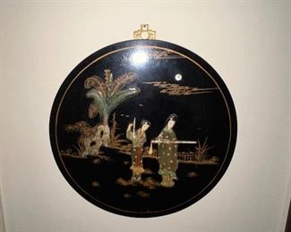 Oriental Art Round Painting in Lacquer Black and Inlaid