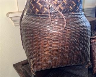 Large Laotian Sticky Rice Brown Basket With Wooden Pedestal, RARE