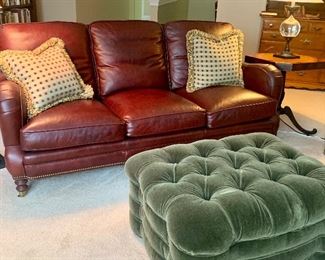 Whittemore-Sherrill leather sofa & green velvet tufted ottoman 