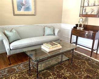 Southwood camel back sofa, Baker side table, glass top coffee table