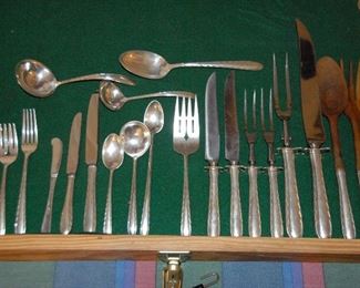 Sterling flatware serving pieces and sample dinner ware. 112 total pieces, Towle Silver Flute pattern.