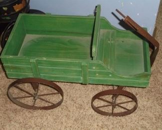 Decorative green wood western wagon w/metal wheels & tongue  