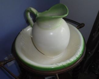 Vintage white/green wash bowl w/matching pitcher 