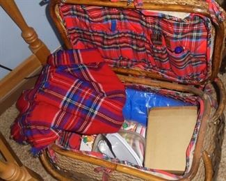 Large wicker picnic basket w/metal utensils and blanket 