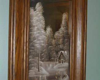Framed mirror painting winter scene by W.Clemons