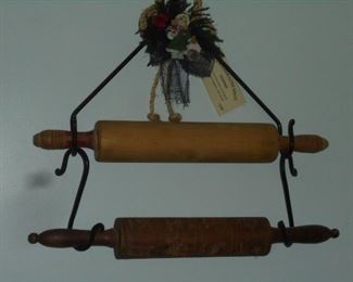 Antique rolling pins w/holder 