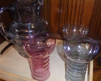 Mid century glass ribbed pitcher and glasses