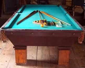 Monarch Cushions The Brunswick Balke Collender Pool Table, Including Pool Cues Qty 4, Wood Racking Triangle, Billiard Ball Set And More