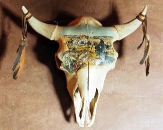 Authentic Painted Bison Skull, Approx 24" x 28", Mounted To Wall