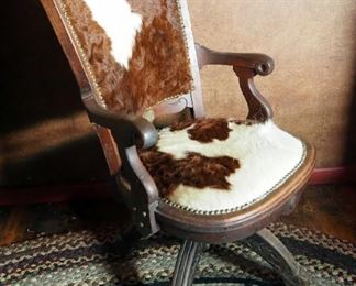 Antique Swivel Desk Chair With Cow Hyde Seat And Back, 38" x 24" x 20"