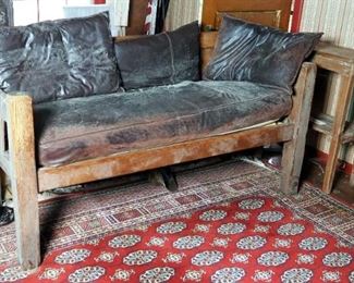 Primitive Wood Bench With Upholstered Seat And Back Cushions, 36.5" x 46" x 26.5"