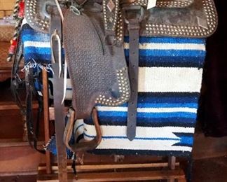 Antique 15" Western Parade Saddle Including Matching Breast Collar, Bridle And Saddle Stand