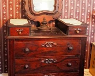 Antique Five Drawer Dresser With Tilt Mirror, 67" x 39" x 19"