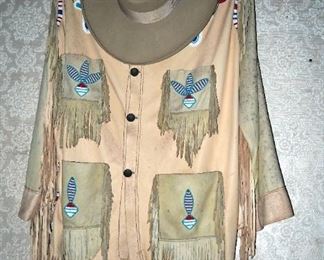 Authentic Handmade Beaded Fringed Leather Men's Jacket, Appears To Be XL, And Vintage Stetson Cowboy Hat Size 7 3/8